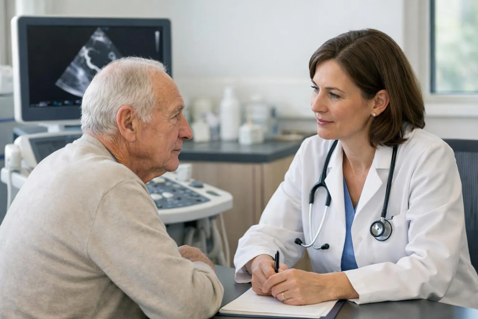 Médecin et patient en consultation médicale dans un cabinet.