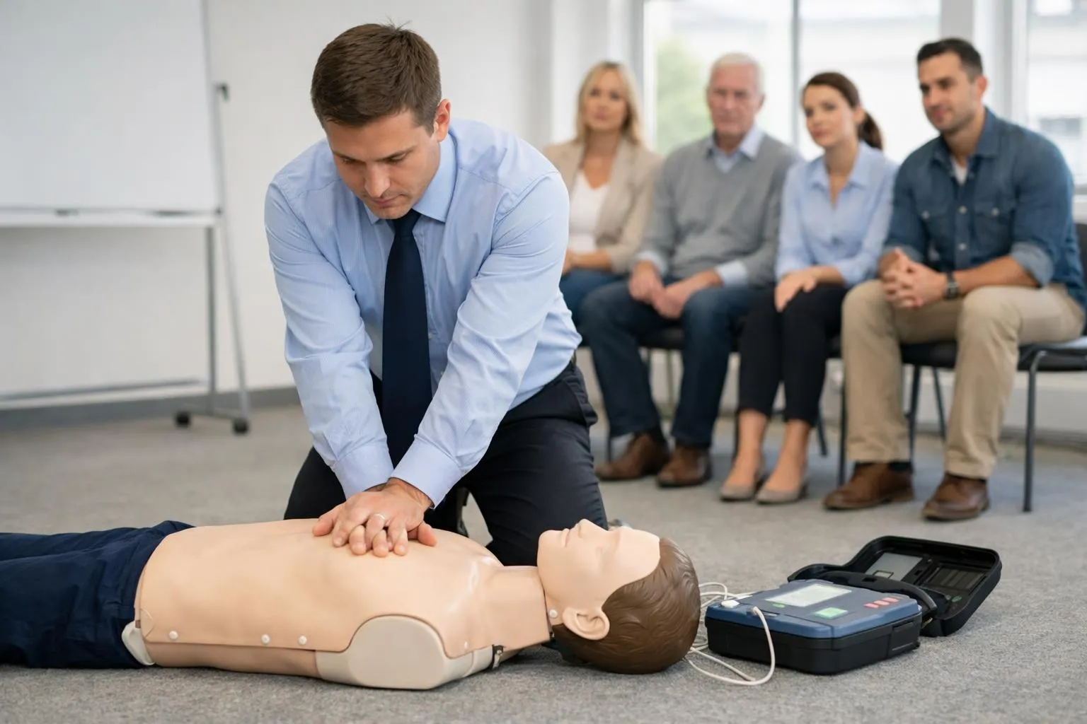 Homme en costume pratiquant les gestes de réanimation sur un mannequin, groupe de personnes observant.