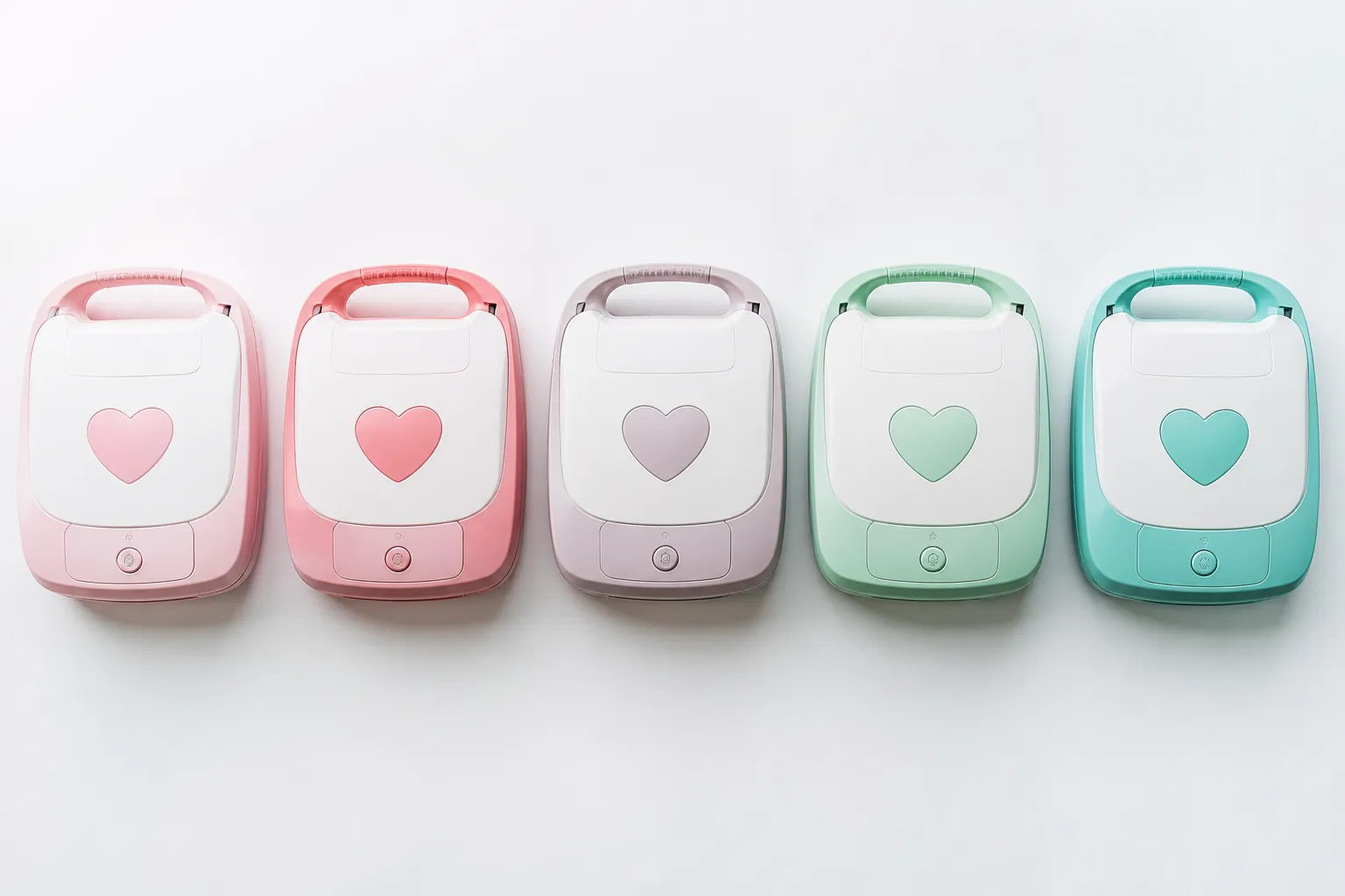 Cinq boîtes de couleurs pastel avec des coeurs.