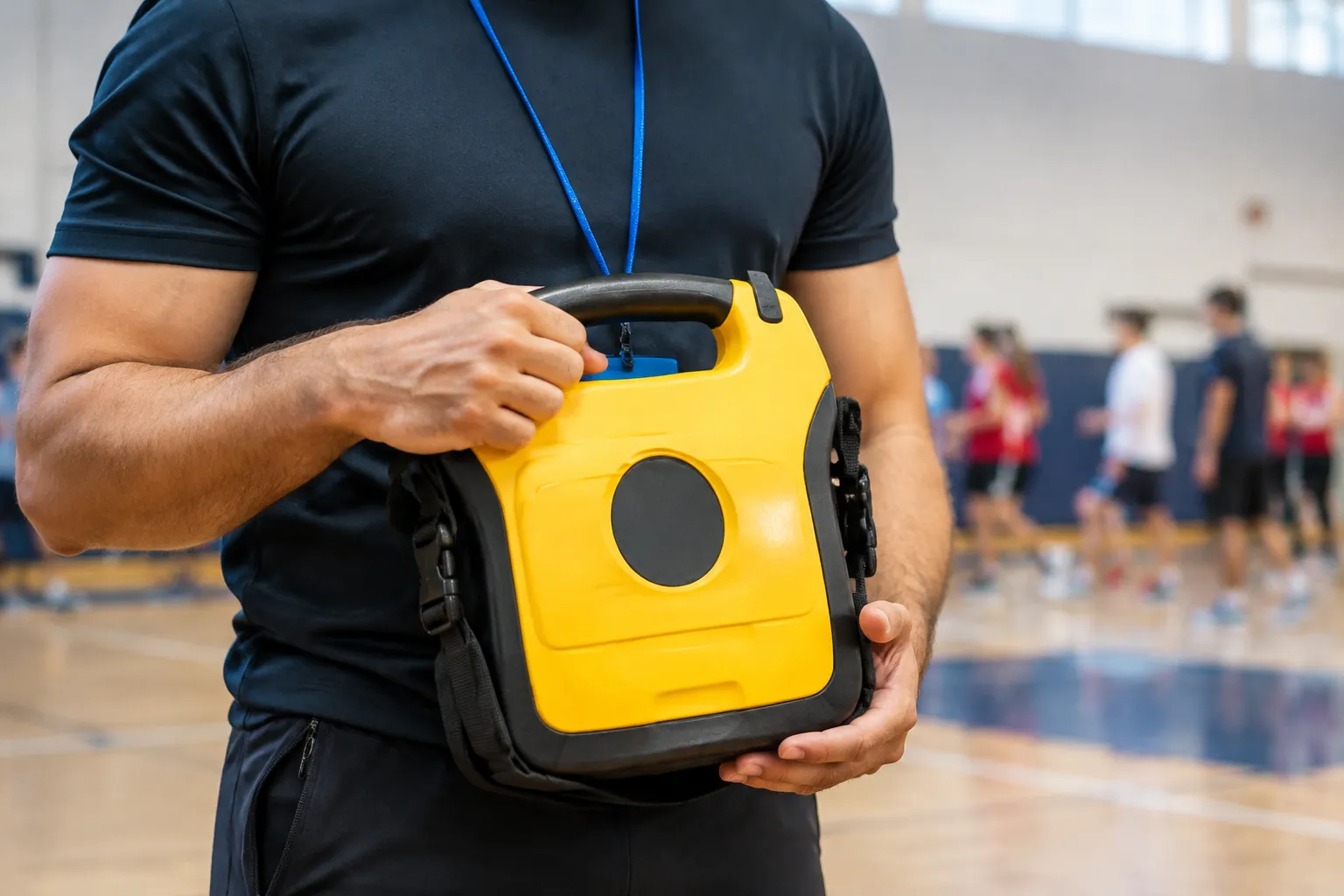 Homme tenant un boîtier jaune portable avec une poignée.