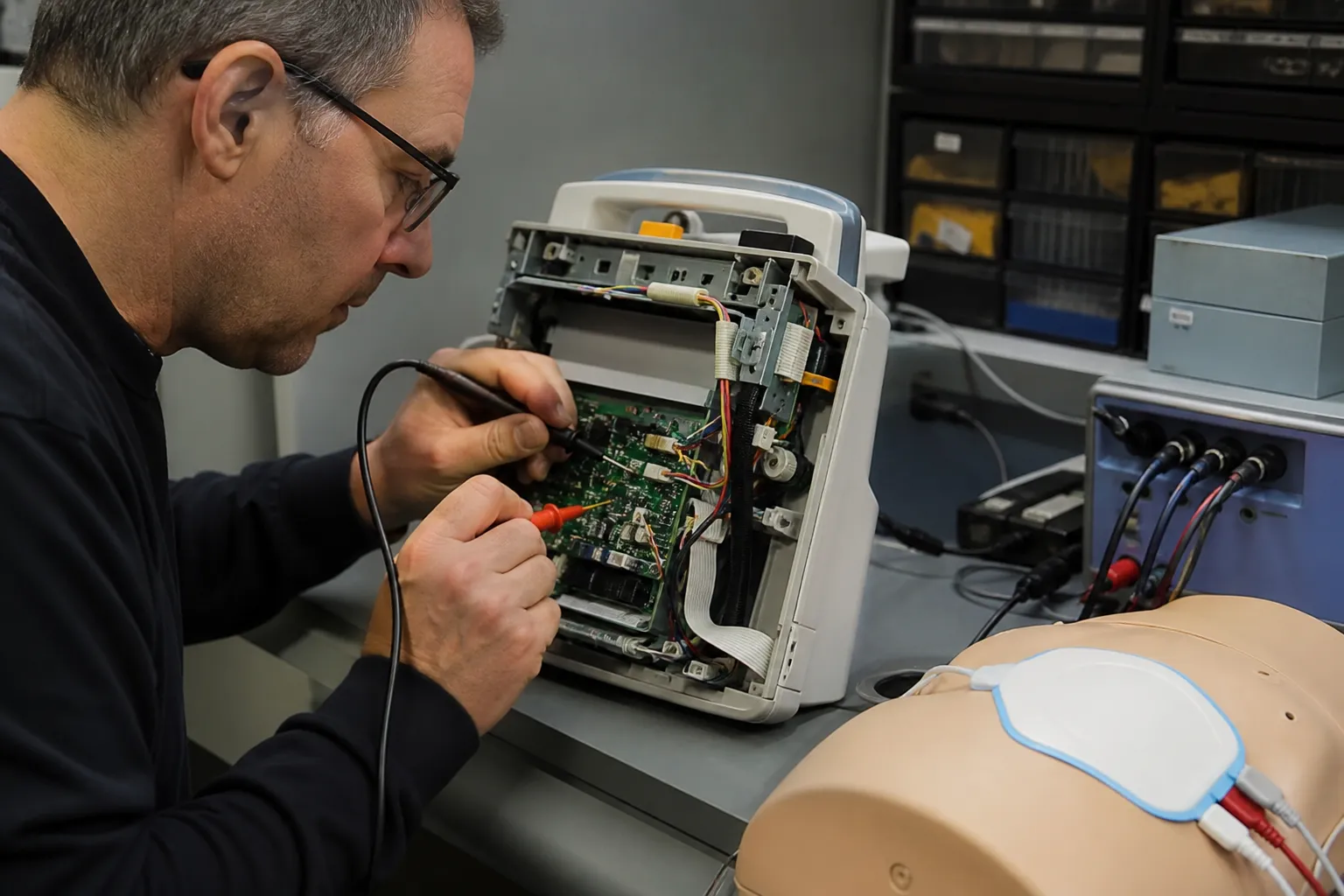 Homme réparant un appareil électronique dans un atelier.
