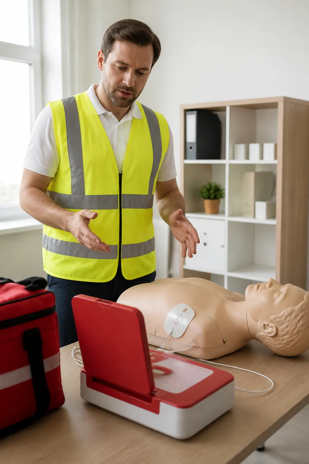 Homme en gilet de sécurité jaune examinant un mannequin de premiers secours.