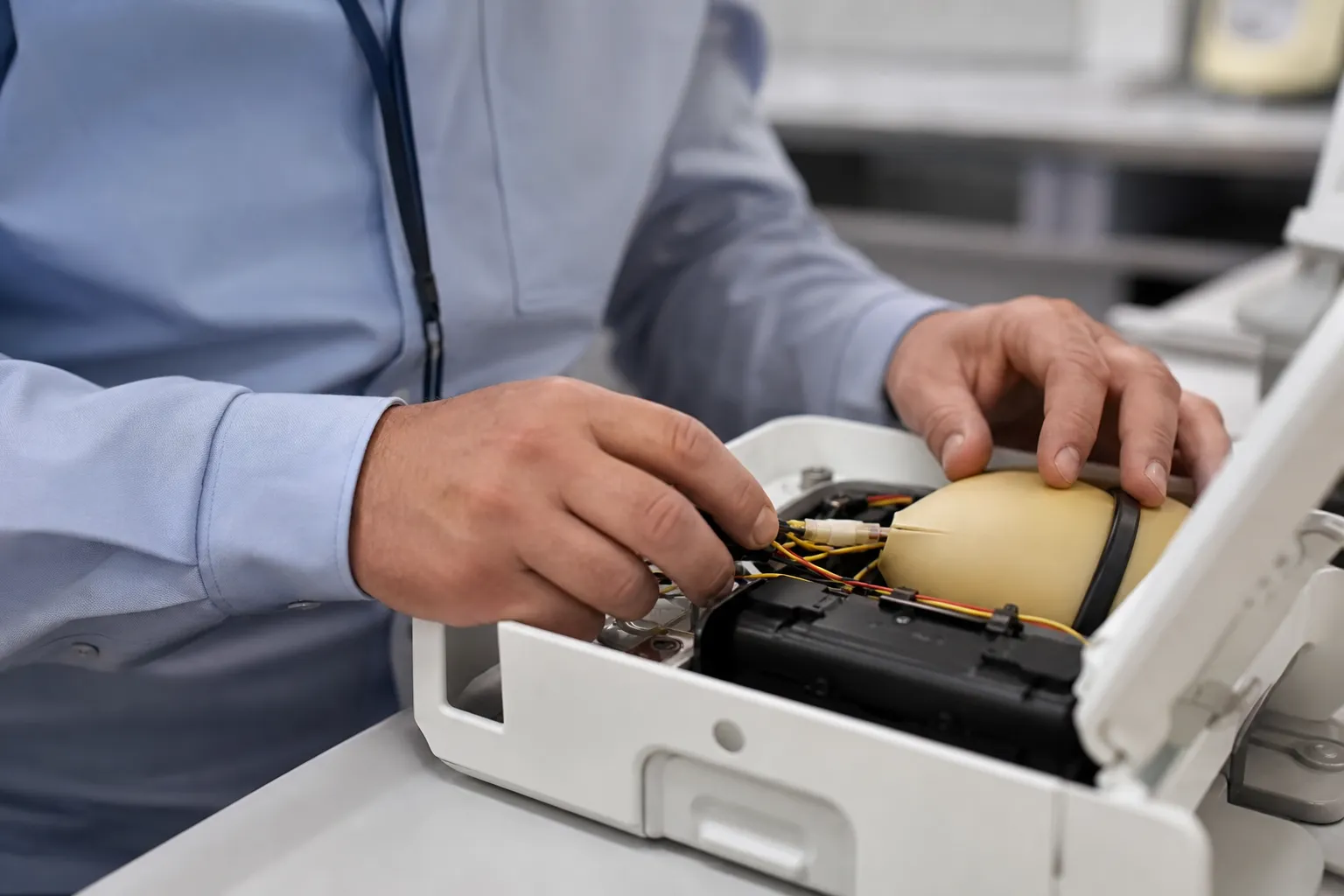 Technicien réparant un appareil électronique ouvert sur son bureau.