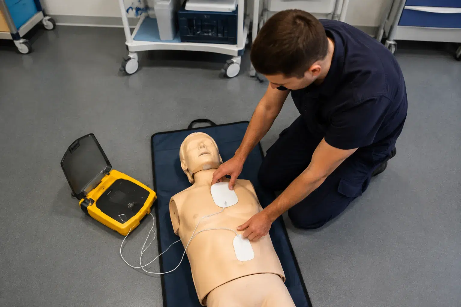 Mannequin médical avec défibrillateur dans un environnement médical.