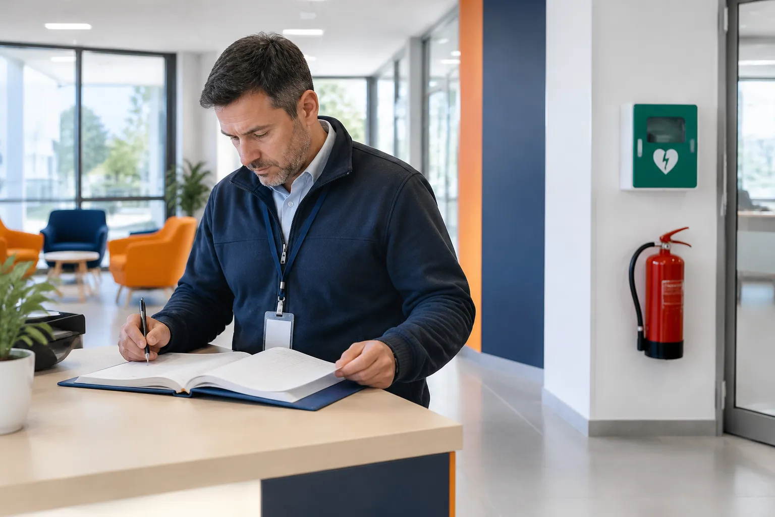 Employé écrivant dans un registre près d’un extincteur et défibrillateur