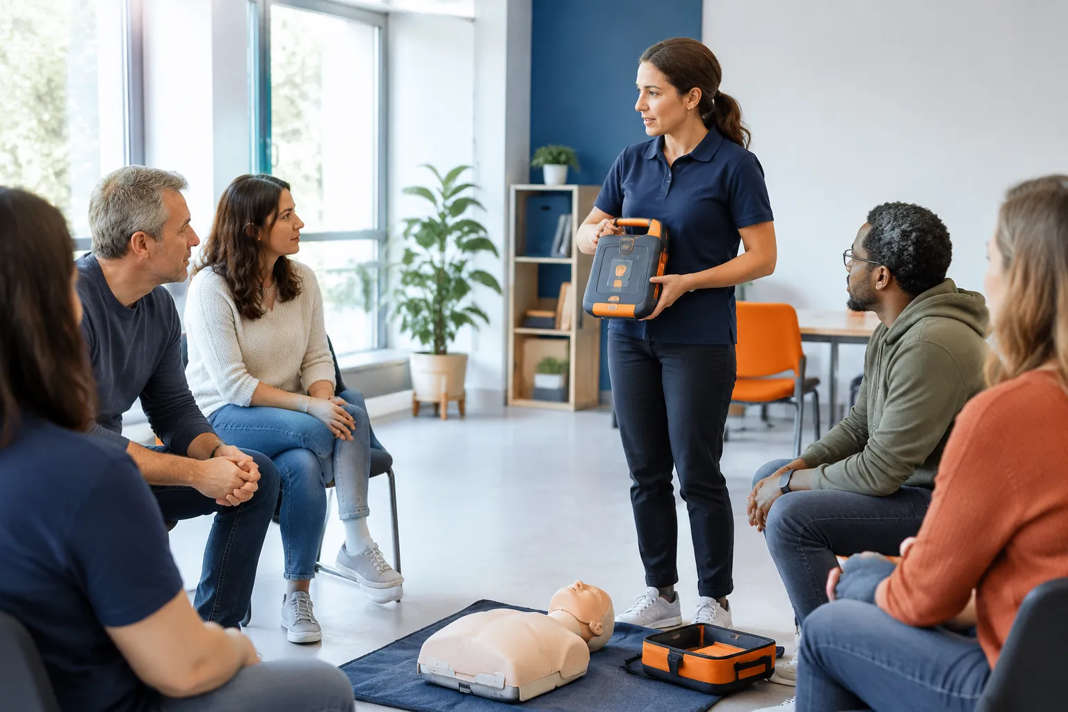 Formatrice présentant un défibrillateur lors d’une formation aux premiers secours