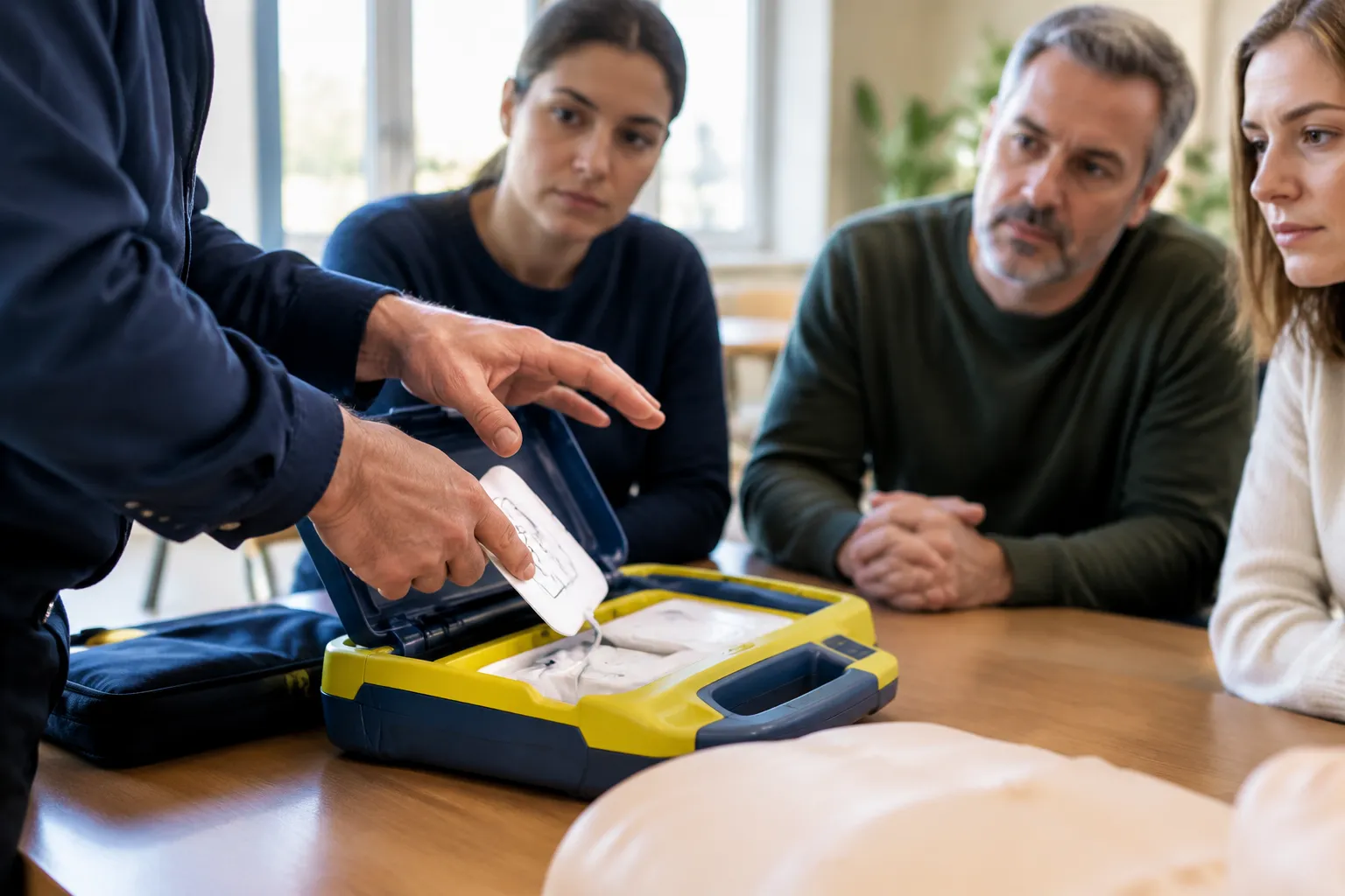 Formation aux premiers secours avec défibrillateur et mannequin de simulation