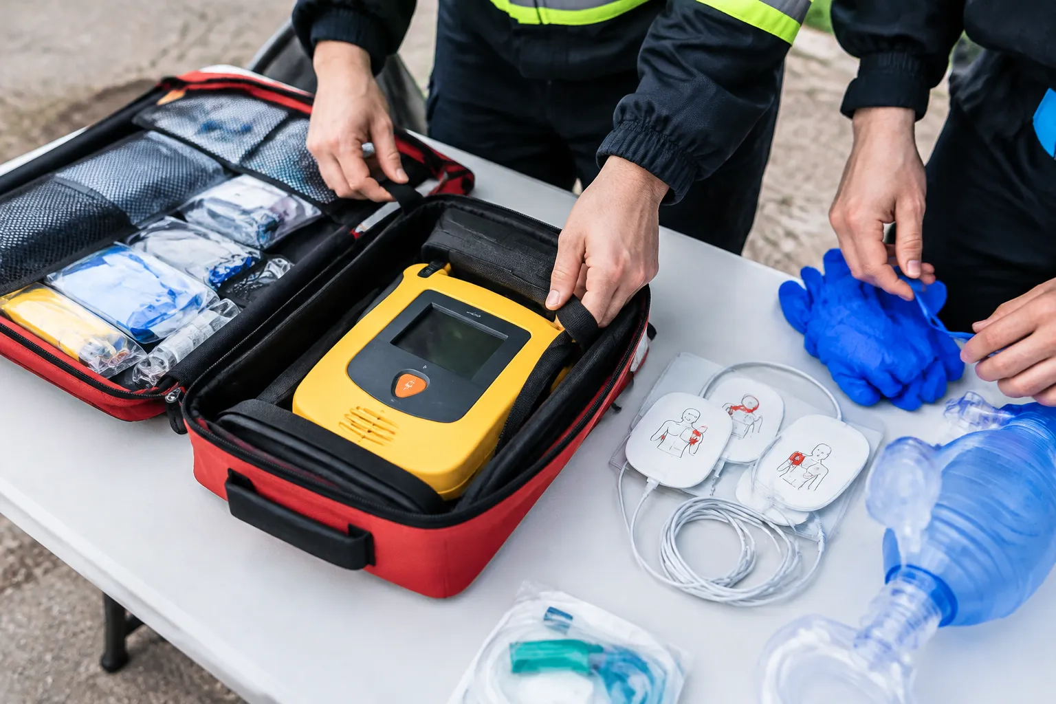 Secouristes préparant un défibrillateur et du matériel médical.