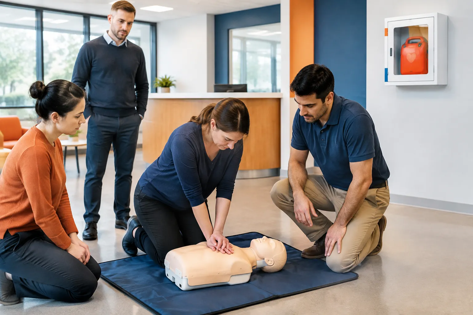 Formation aux gestes de réanimation avec mannequin et participants.