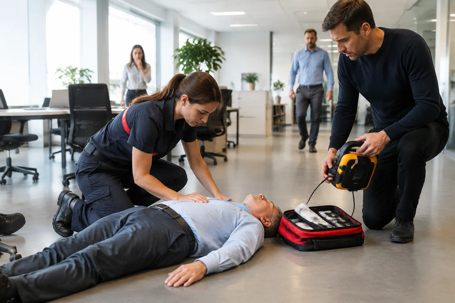 Secouristes pratiquant la réanimation sur un homme inconscient au bureau