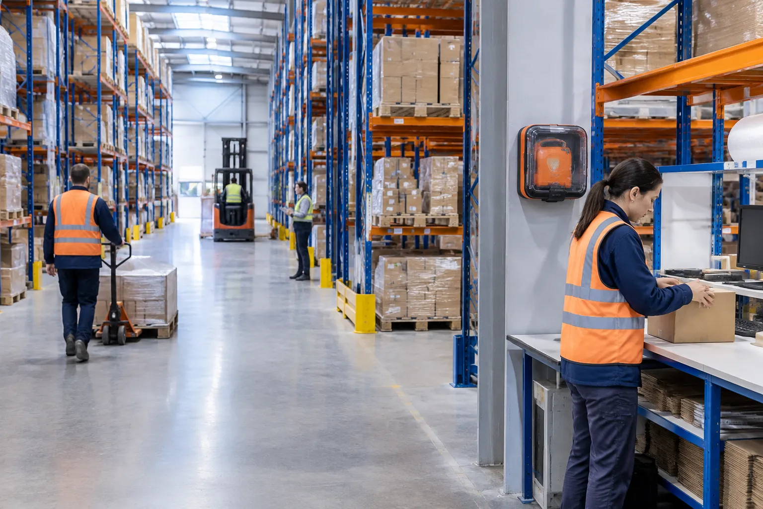 Entrepôt logistique avec employés, palettes et rayonnages industriels.