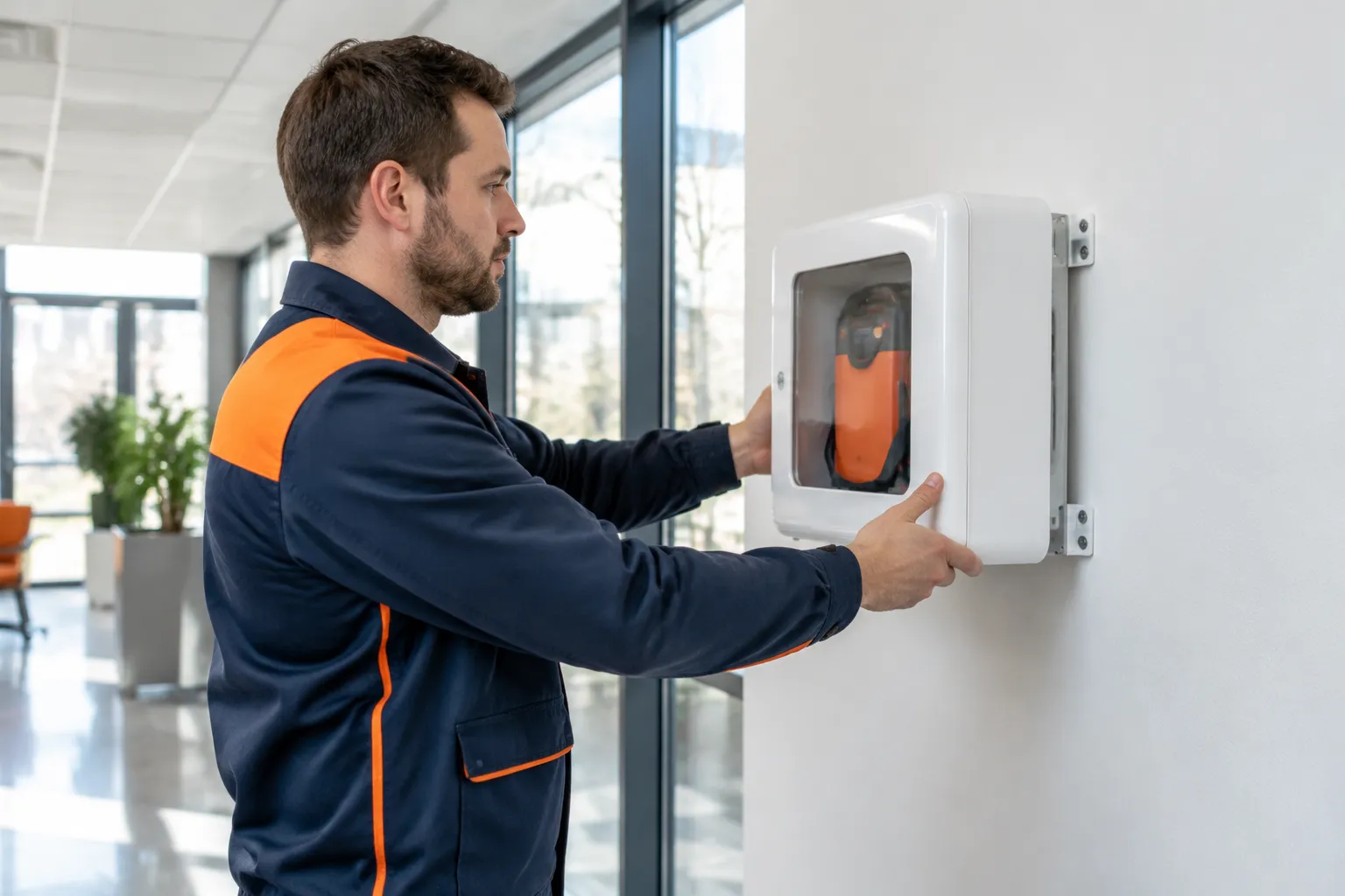 Technicien installant un boîtier mural contenant un extincteur orange