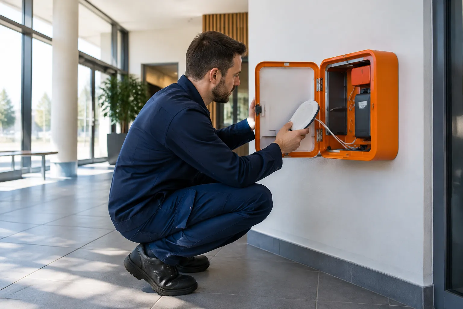 Technicien inspectant un boîtier orange de sécurité incendie mural.