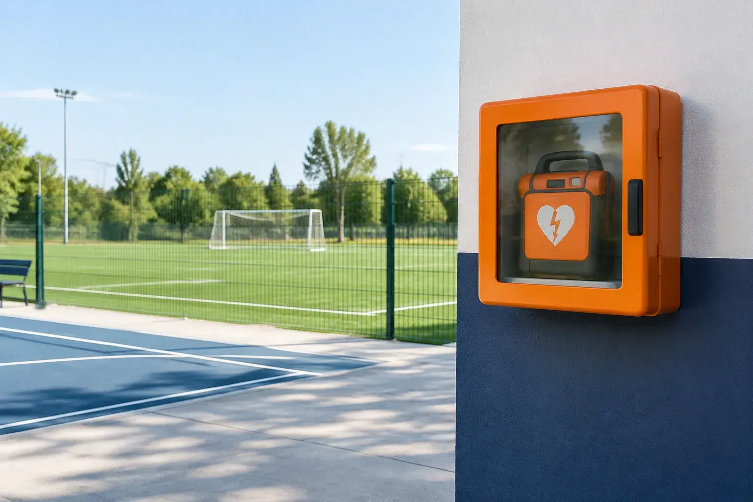 Défibrillateur orange fixé au mur près d’un terrain de sport