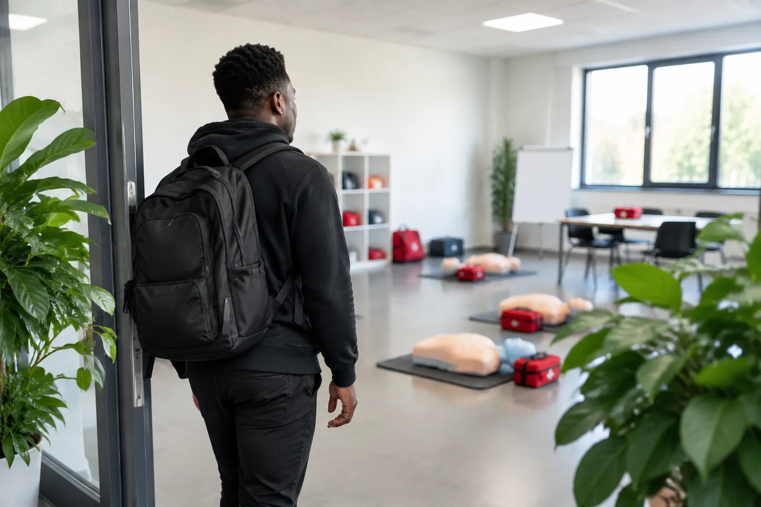 Homme avec sac à dos observant une salle de formation premiers secours
