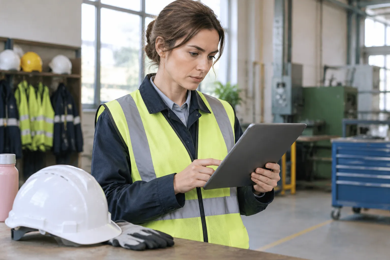 Ingénieure en gilet haute visibilité consultant une tablette en atelier.