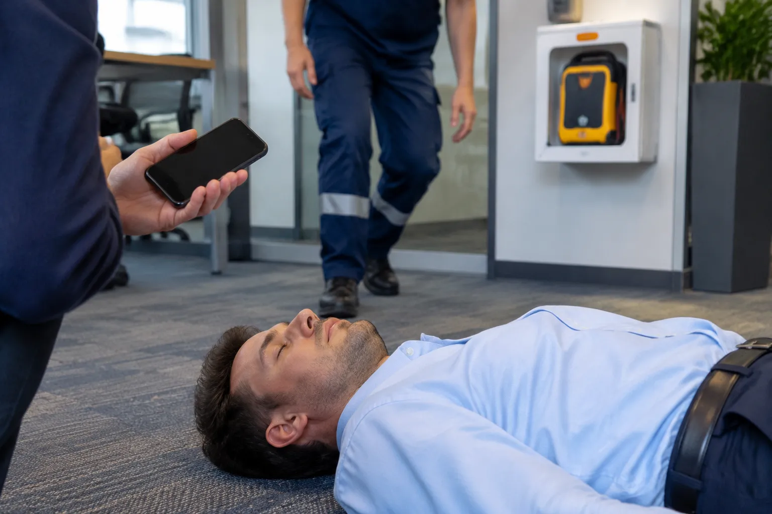 Homme inconscient au sol, collègues appelant les secours.