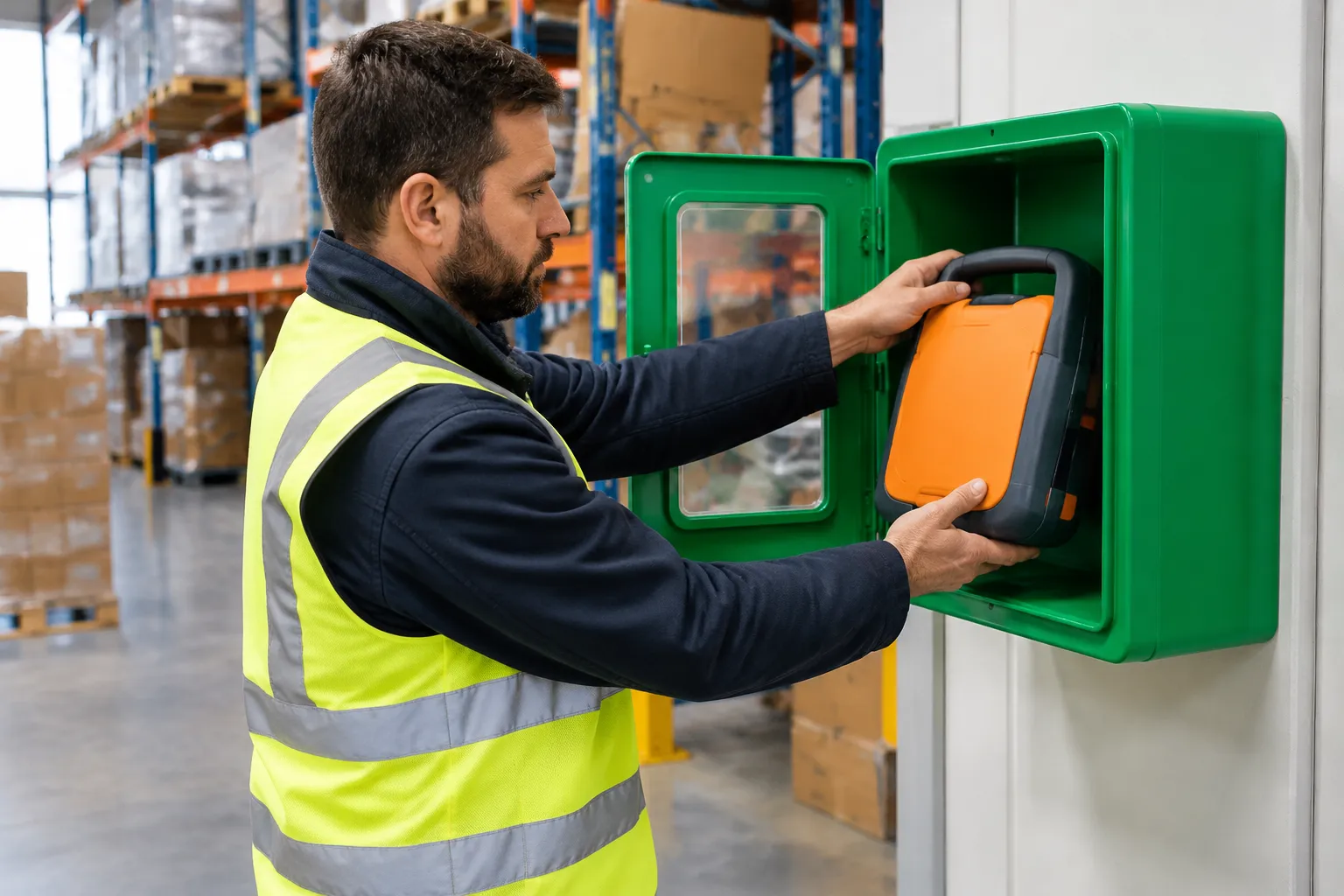 Ouvrier en gilet fluorescent range un transpalette dans armoire verte