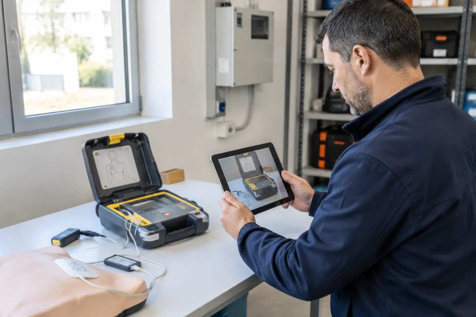 Technicien examinant un défibrillateur avec une tablette numérique