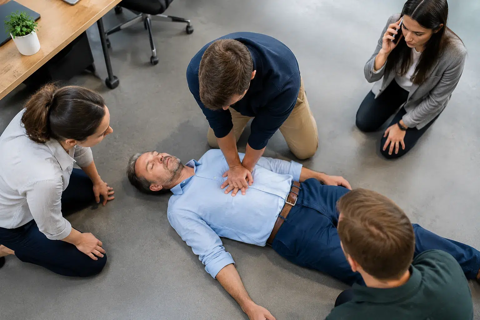 Secouristes pratiquant un massage cardiaque sur homme inconscient.