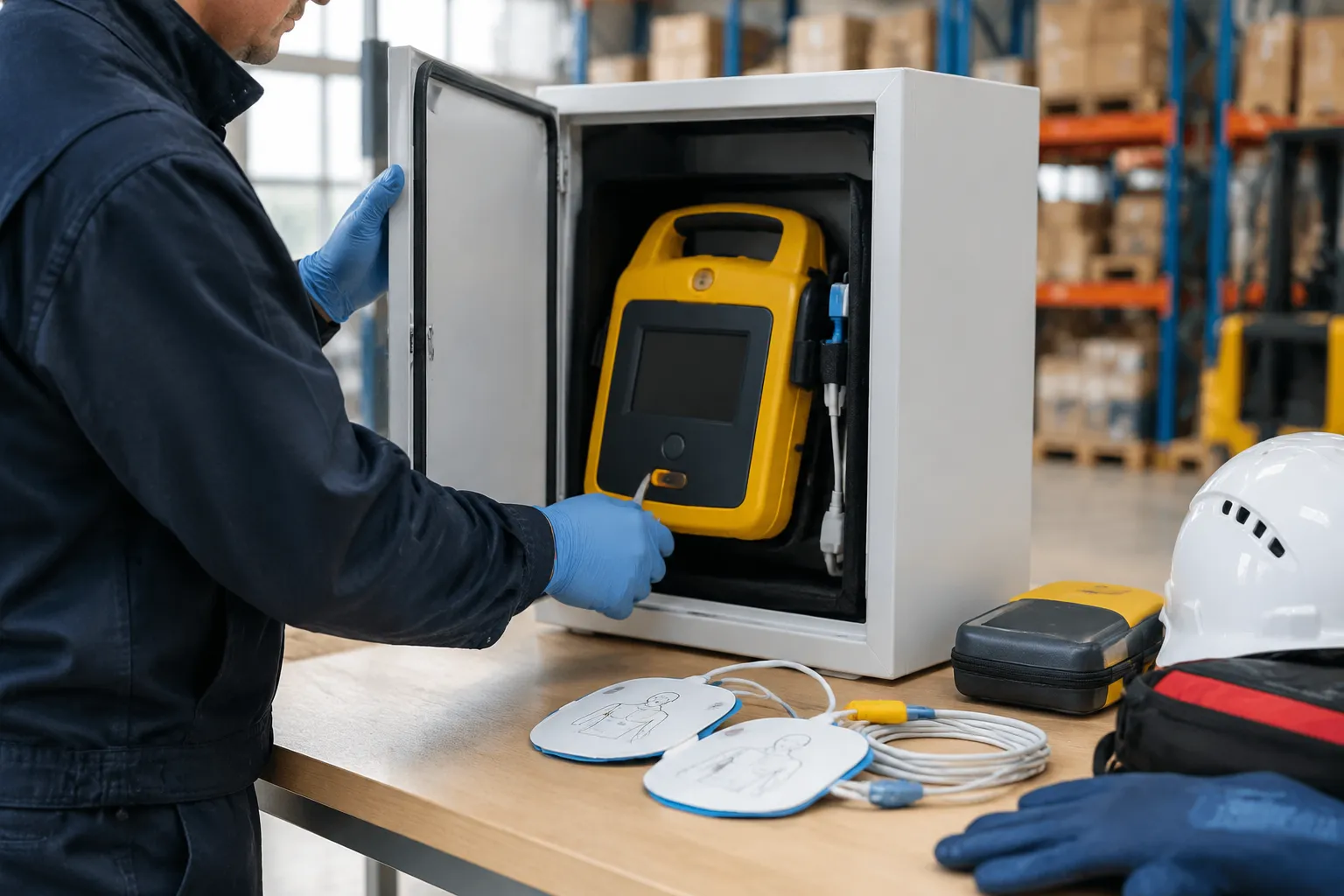 Technicien inspectant défibrillateur dans une armoire médicale industrielle