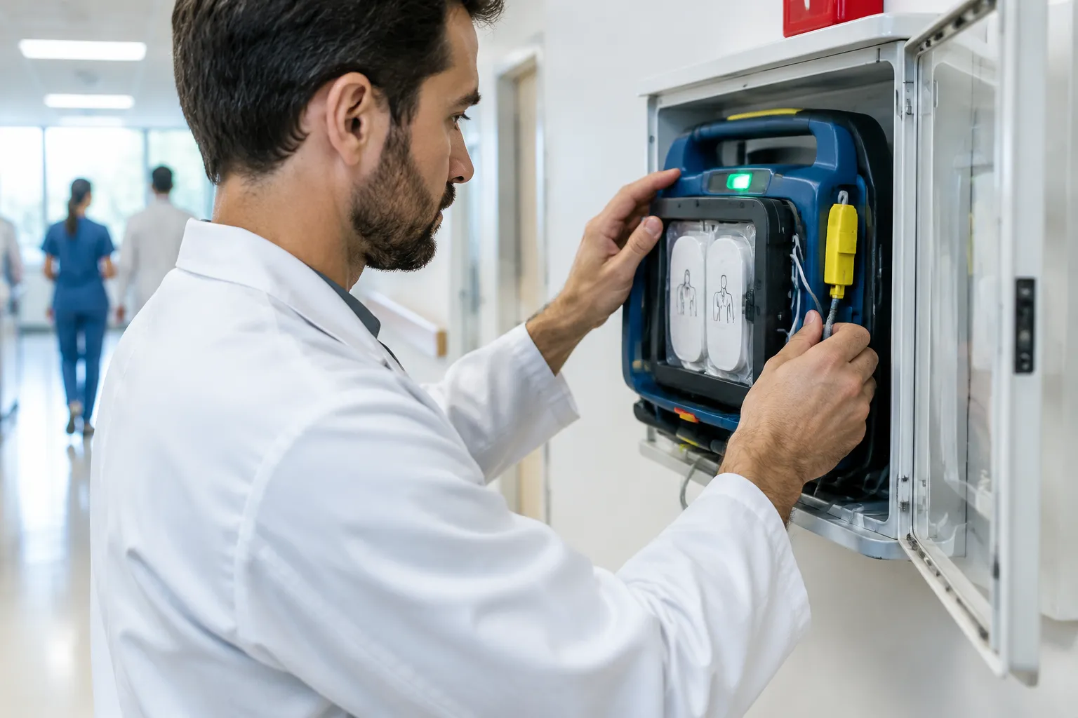 Médecin vérifiant un défibrillateur dans une armoire hospitalière