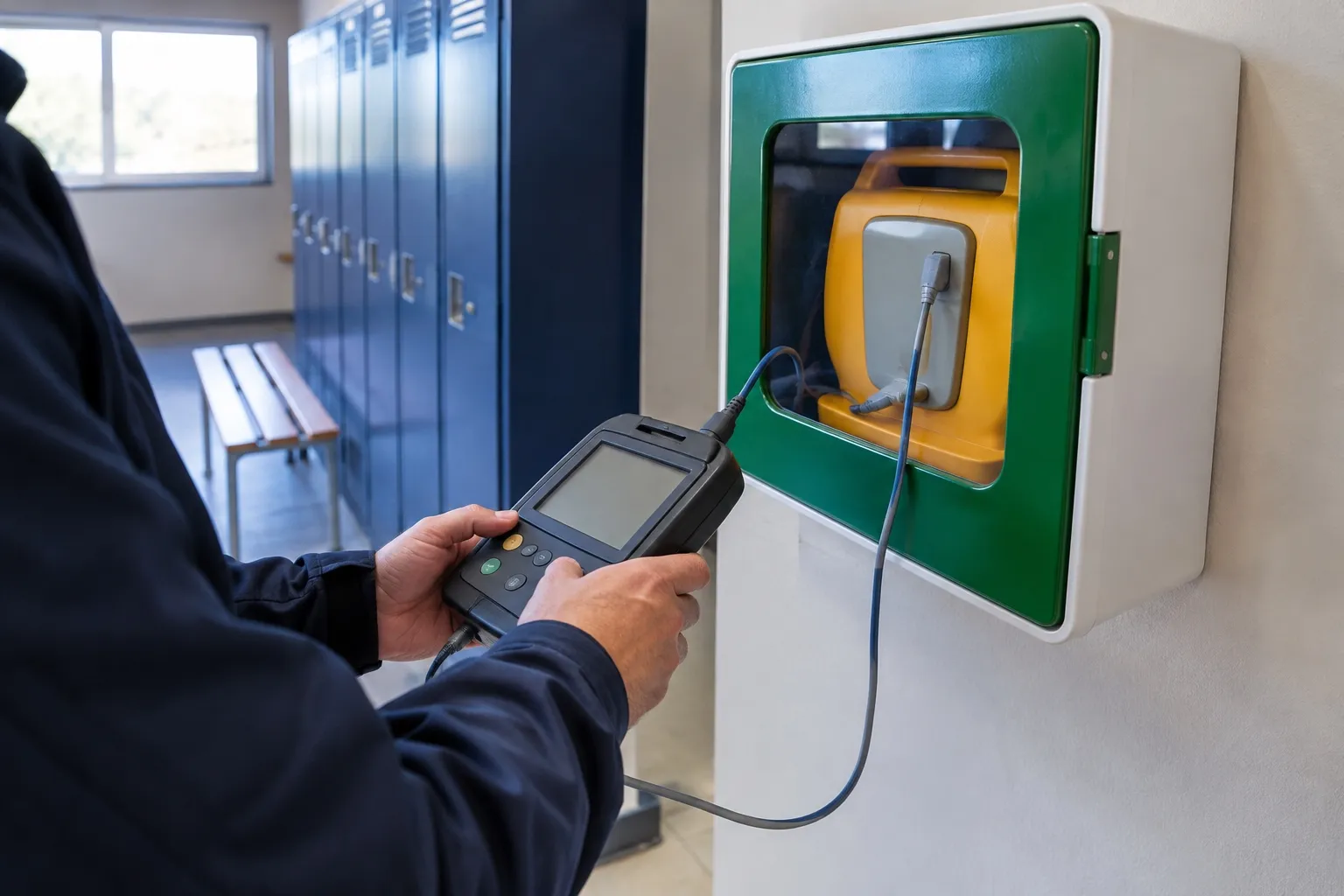 Technicien testant un défibrillateur mural avec un appareil électronique